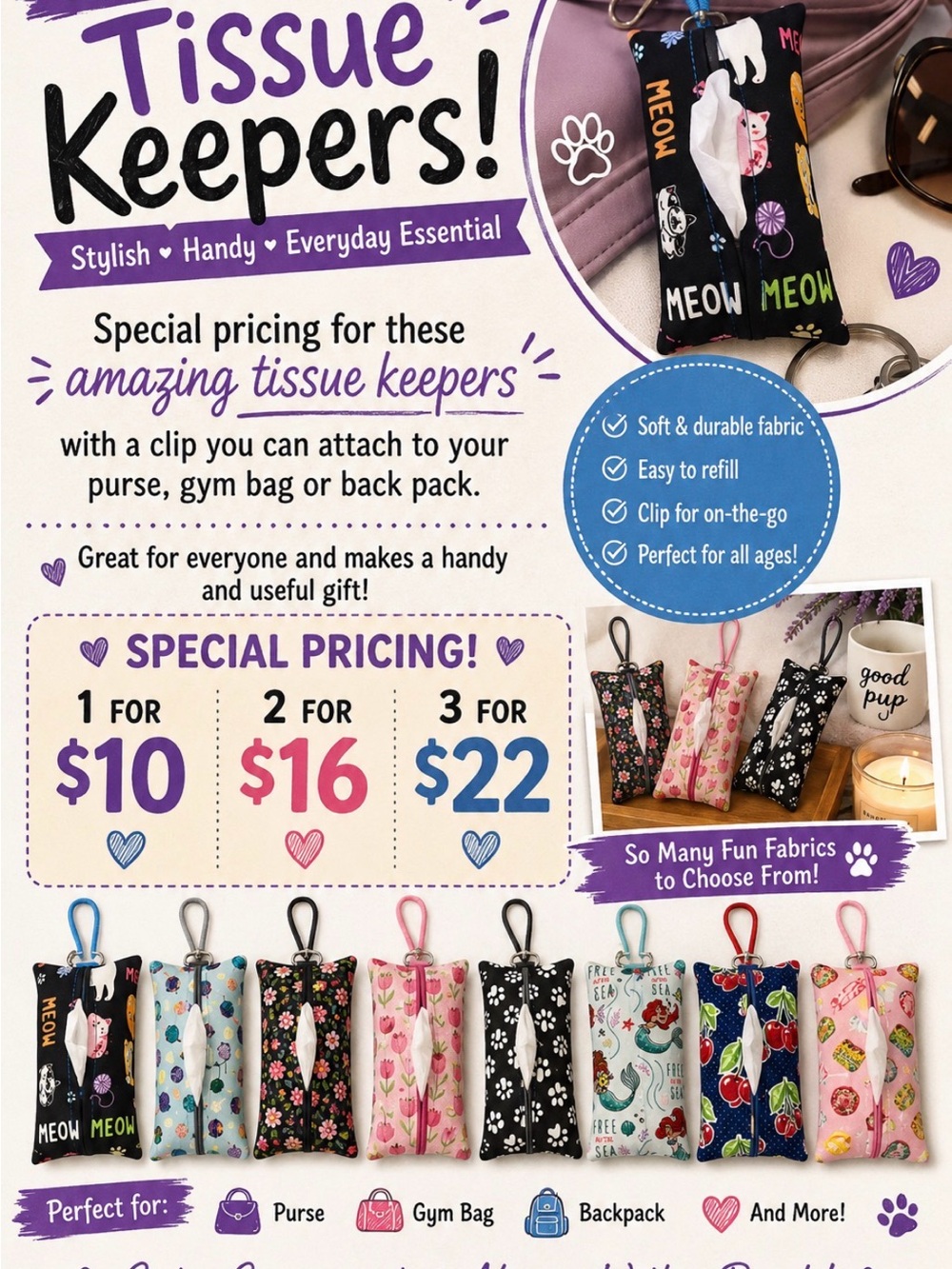 Hand Crafted Tissue Keeper Clip Pouch Pick 3 for $22